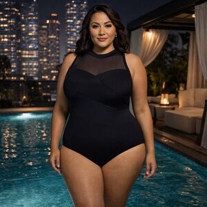 LONGITUDE Plus Size Long Torso Mesh Highneck Black One-Piece – Night Gala (24W)